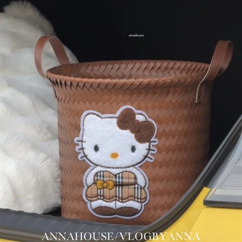 hellokitty藤编汽车后备箱收纳筐大容量可爱卡通编织篮杂物整理篮