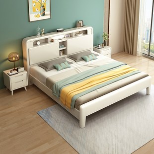 北欧全实木床奶油风格 床1.8米双人床1.5m木床白色奶油风储物婚床