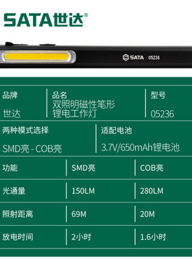 世达05235五金工具LED强光手电筒工作灯 笔形调焦手电筒05236