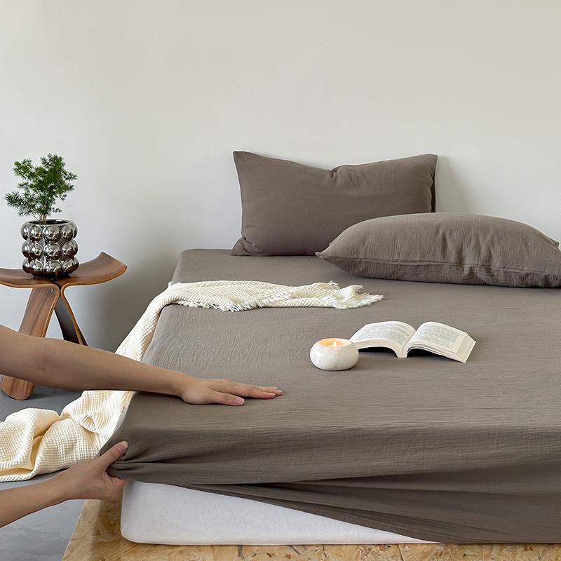 高端柔软纯色全棉双层皱皱纱单床笠耐脏四季用可水洗时尚单品