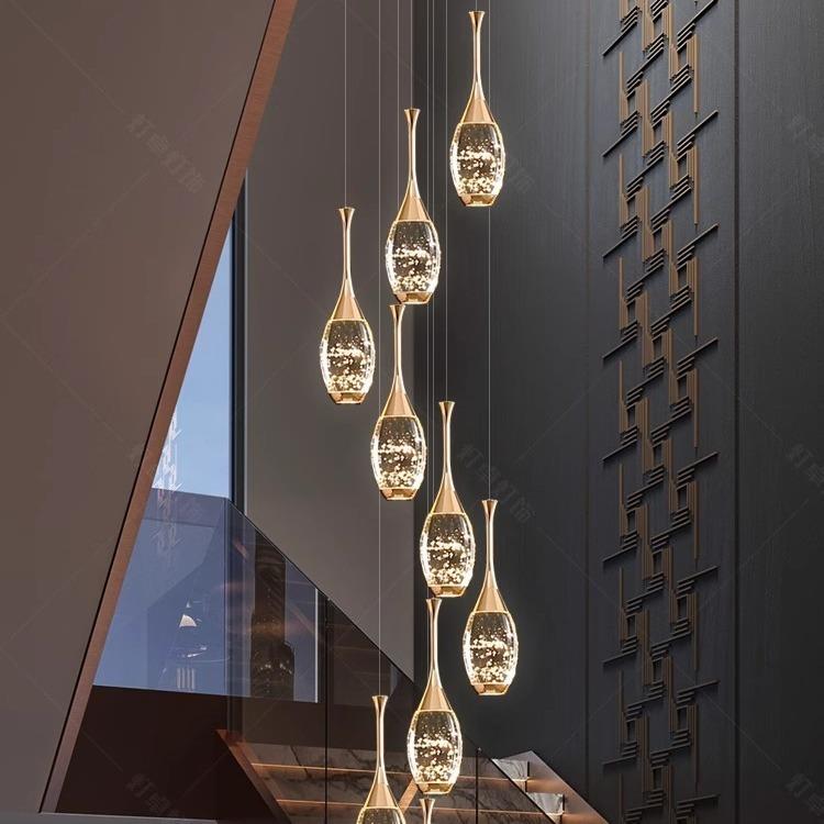 客厅灯loft公寓轻奢灯具别墅复式楼旋转楼梯吊灯LED炮弹气泡水晶