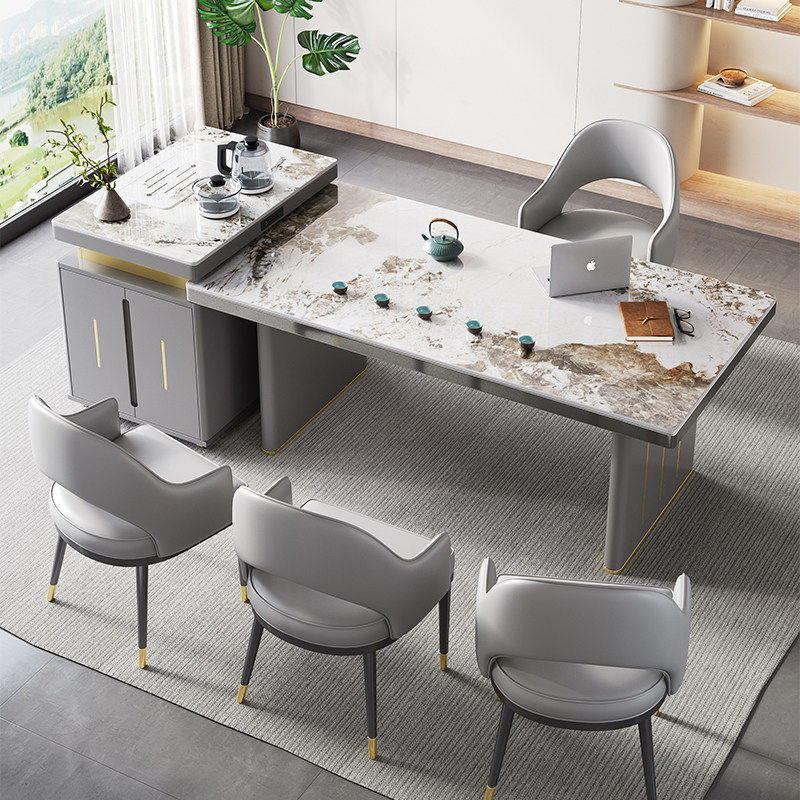 岛台一体餐桌家用现代简约轻奢岩板泡茶台两用办公室喝茶桌椅组合