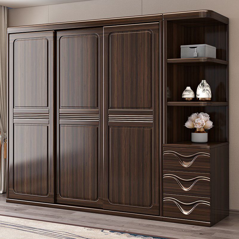 紫金檀木实木衣柜推拉门衣柜新中式家用卧室收纳储物全实木衣橱