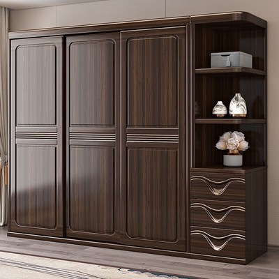 紫金檀木实木衣柜推拉门衣柜新中式家用卧室收纳储物全实木衣橱