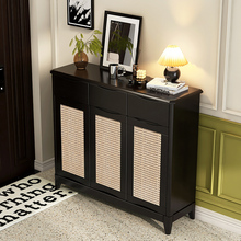 美式复古实木藤编鞋柜家用门口大容量玄关柜一体柜入门黑色储物柜