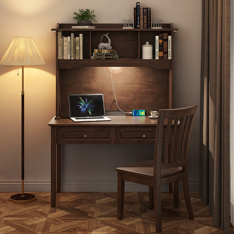 美式实木书桌家用书架一体卧室写字桌简易办公桌电脑桌学生学习桌