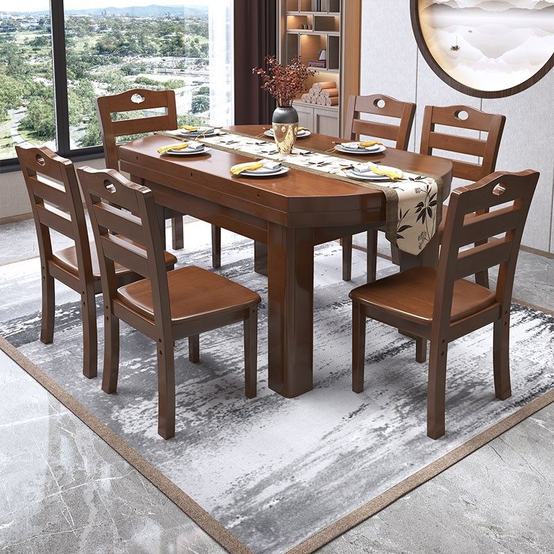 实木餐桌椅组合中式伸缩折叠现代简约小户型可变圆桌家用吃饭桌子