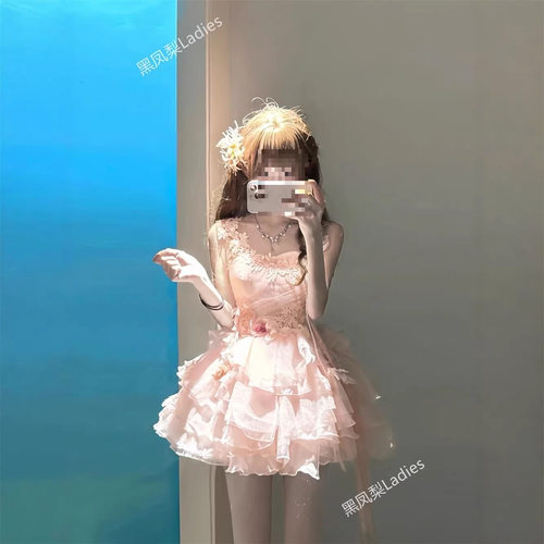 夏季花朵吊带连衣裙收腰公主减龄立体洛丽塔甜美新款超仙蓬蓬裙女