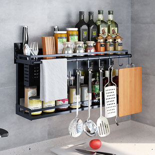 免打孔黑色f不锈钢厨房置物架2层壁挂式墙上用品调味料收纳刀架