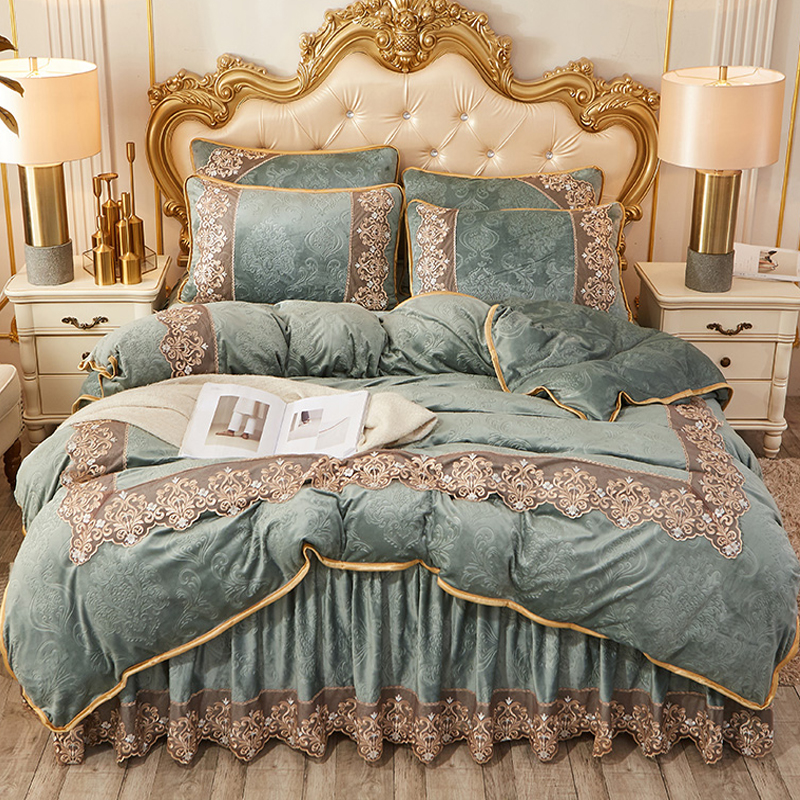 欧式加厚水晶绒床裙床罩四t件套蕾丝婚庆大红色加绒床单被套1.8m