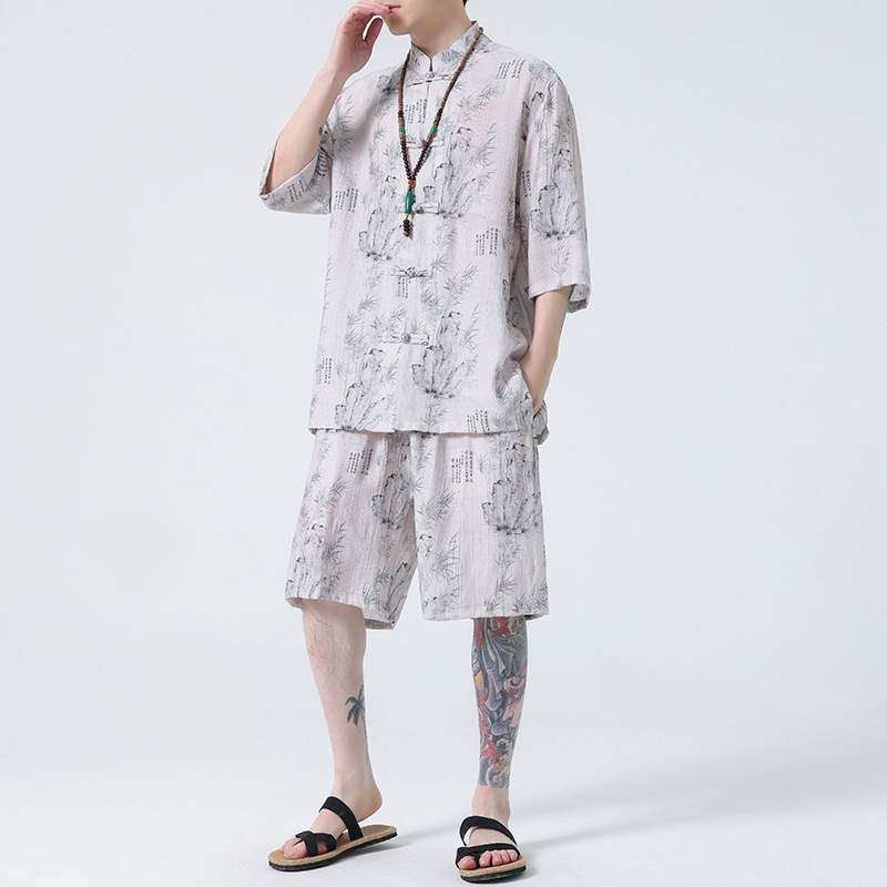 爸爸装套装男夏季薄款冰丝速干沙滩短裤中式唐装短袖衬衫改良汉服,男装,其他民族服装,淘宝优惠券,粉丝福利购,淘宝优惠卷