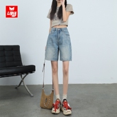 高腰显瘦a字型直筒宽松阔腿5分中裤 浅蓝色五分牛仔短裤 女夏季 夏天