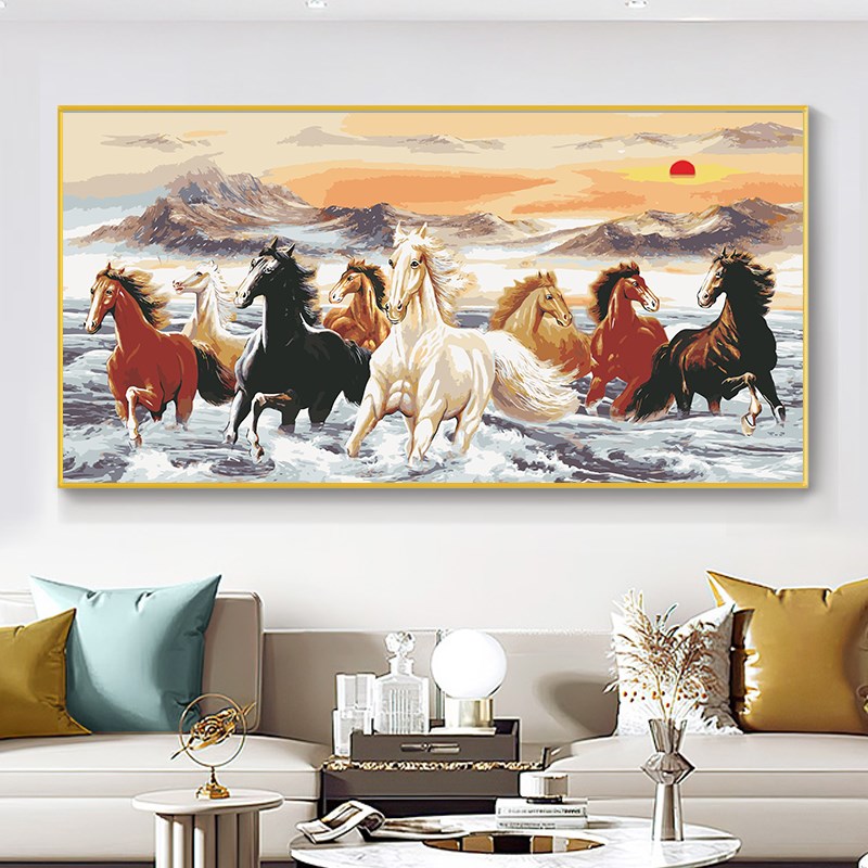 国风八骏图数字油画填色diy横向C手工丙烯画中式客厅油彩画装饰画图片