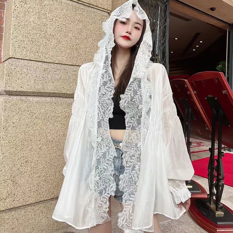 2025年夏季新款韩系时尚气质百搭显瘦蕾丝拼接连帽防晒衣外套女潮