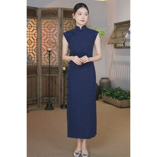 良辰媄锦【卿颜】藏蓝色古法全开襟单层书香文艺长款旗袍裙女大码