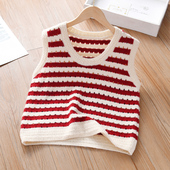 儿童毛衣童装 女童针织背心春款 宝宝条纹马甲春秋季 小女孩坎肩外穿