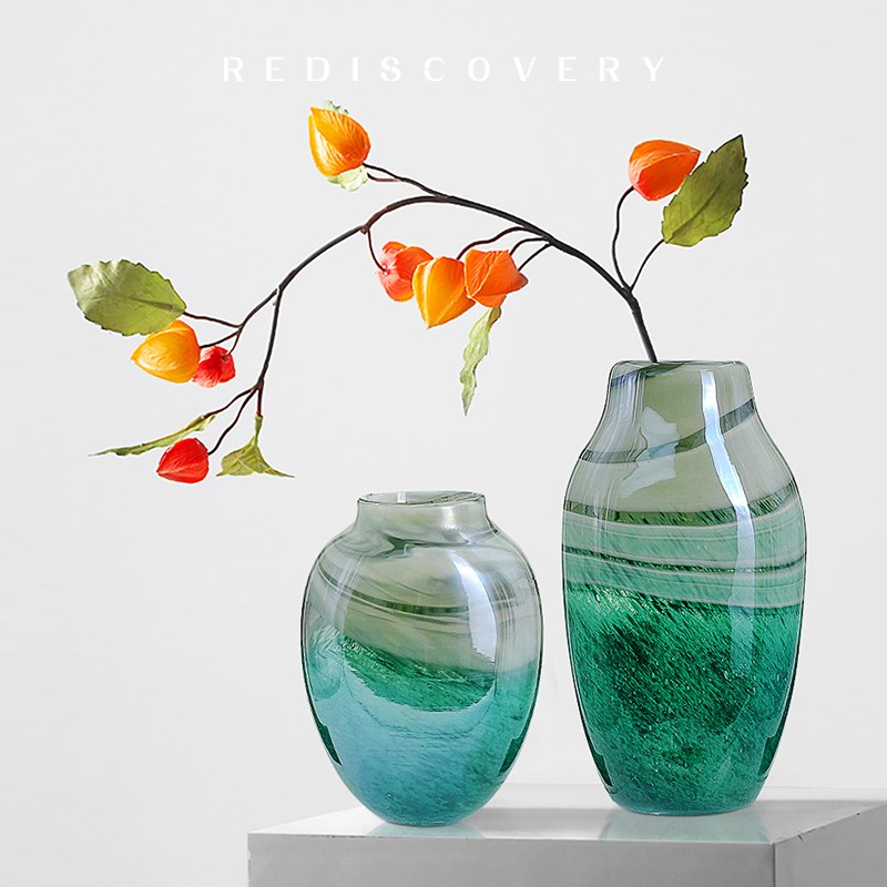 新中式现代简约绿色水墨玻璃y花瓶样板间客厅电视柜玄关复古花器