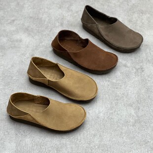 新款文艺手工真皮鞋复古圆头平底舒服百搭两穿牛V皮懒人奶奶鞋女