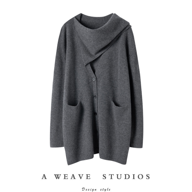 无可取代的经典舒服!纯山羊绒深灰色高领毛衣/侧飘带开衫外套