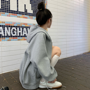 灰色卫衣外套女春秋季宽松慵懒风开衫2024新款拉链连帽休闲厚上衣