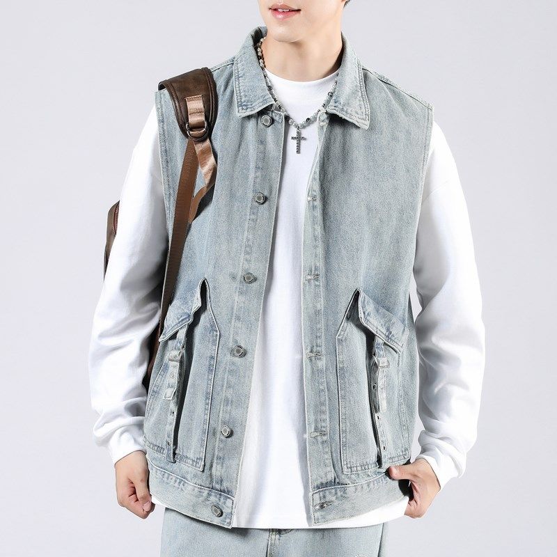 牛仔马甲男士宽松无袖外套时尚休闲百搭街头工装口袋背心外套潮流,男装,常规马甲,淘宝优惠券,粉丝福利购,淘宝优惠卷