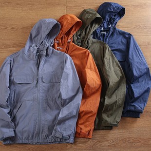 休闲纯色连帽皮肤衣 户外防水透气防UV 多口袋工装 男士 防晒衣 夏季