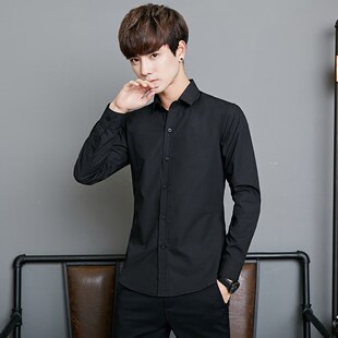 潮流帅气百搭休闲黑色衬衣男伴郎服寸衫 春秋季 修身 韩版 衬衫 男长袖