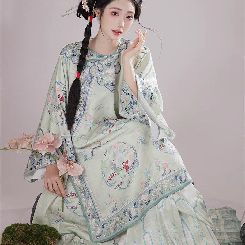 两件套2024春夏季新中式宫廷风清朝古装汉服印花衬衣马面裙上衣
