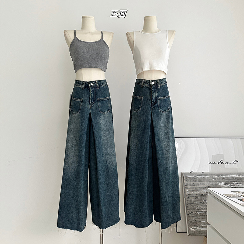 梨型身材复古牛仔大喇叭裤女150小个子女装垂感阔腿九分155垂垂裤