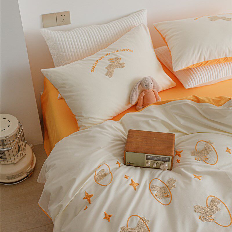 100支全棉e磨毛四件套纯棉 毛巾绣冬季加厚床单被套床笠式床上用