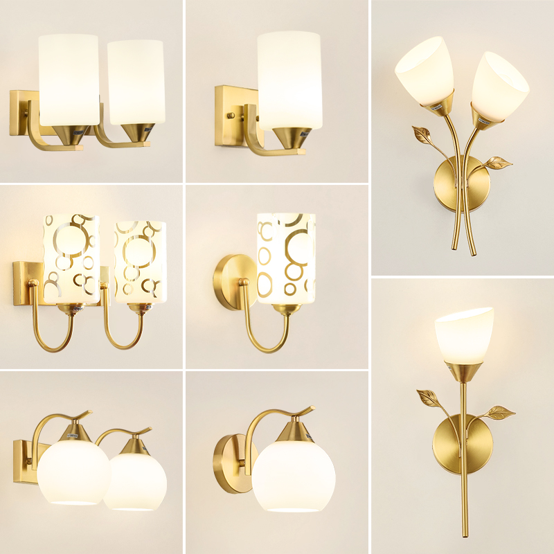 北欧全铜壁灯简约客厅电视背景墙卧室床头灯楼梯过道玻璃双头墙灯