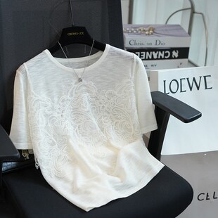 A23E 针织T恤女上衣夏季 虫小小 优雅精致竹节麻水溶蕾丝假两件短袖