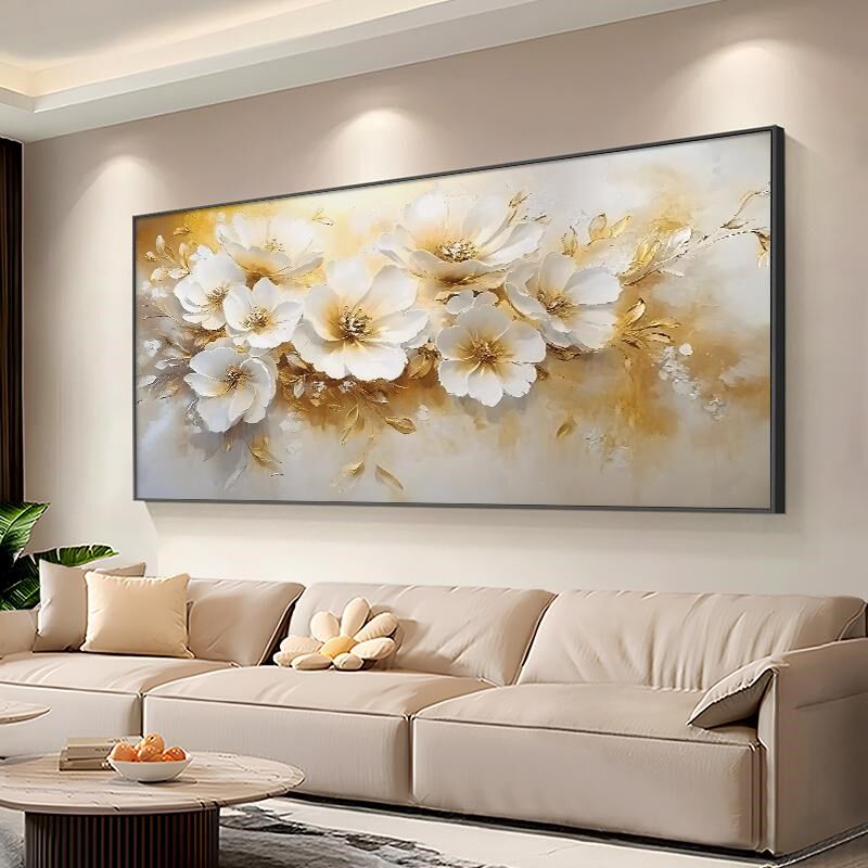 白牡丹大芬村油画客厅挂画金箔肌理沙发背景墙装饰画横幅手工绘画