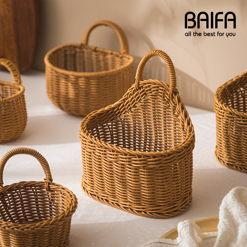 北欧编织篮厨房姜蒜收纳筐复古仿藤编壁挂篮手提小花篮厨具挂篮