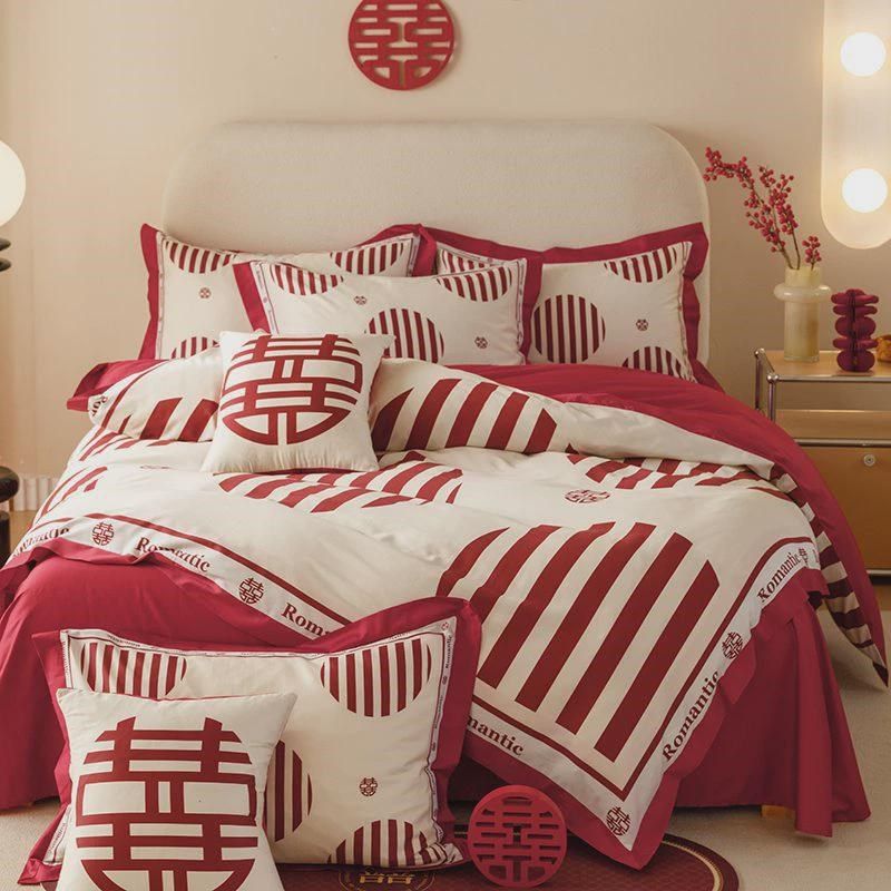床单被套公主g结婚100支纯棉长绒棉四件套全棉印花大红色婚庆高档,床上用品,婚庆床品套件,淘宝优惠券,粉丝福利购,淘宝优惠卷