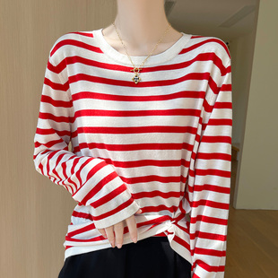 时尚条纹针织衫女2024新款春秋长袖单穿早秋宽松上衣可外穿打底衫