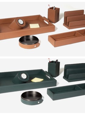 现代轻奢棕色墨绿色皮质软装摆件样板间名片夹相框纸篓托盘书垫