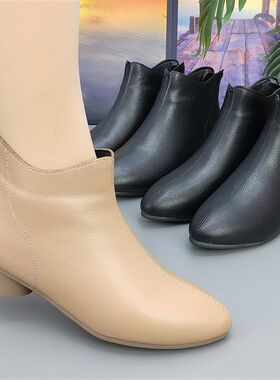 短筒女靴子真皮低跟单层短款秋冬季小裸靴百搭舒适妈妈皮鞋瘦瘦靴