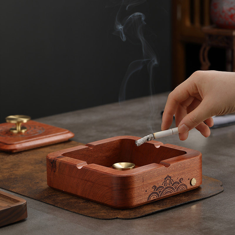花梨木实木烟灰缸方形带盖防飞灰客厅办公室烟缸复古个性创意摆件
