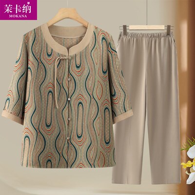 母亲节妈妈装夏装女装上衣中老年新中式宽松t恤奶奶短袖套装百搭