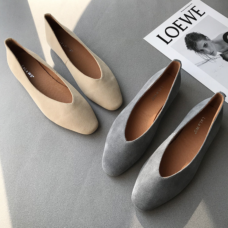 新款磨砂皮方头浅口平底单鞋女2023春法式复古软底V口真皮奶奶鞋,女鞋,浅口单鞋,淘宝优惠券,粉丝福利购,淘宝优惠卷