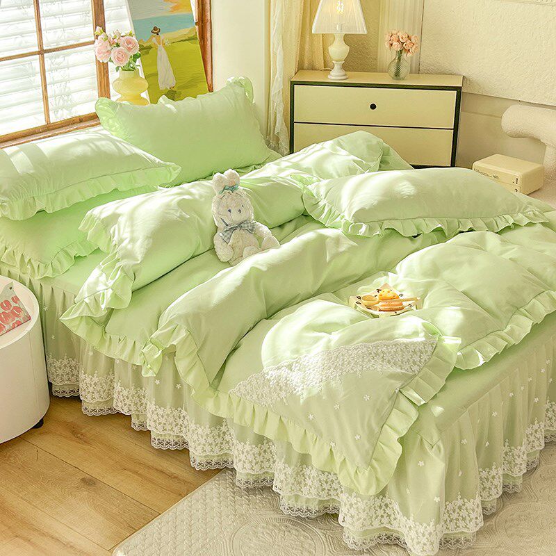 纯色蕾丝床裙四件k套洛卡棉韩式公主风少女心水洗棉被套素色学生
