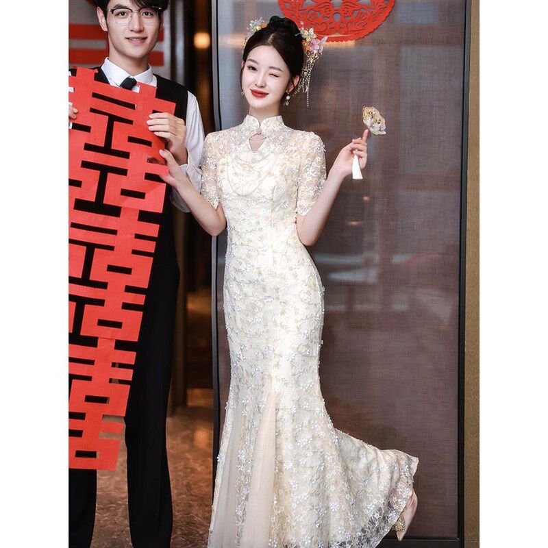 海棠记新中式敬酒服新娘修身订婚蕾丝旗袍鱼尾连衣裙国风回门便装