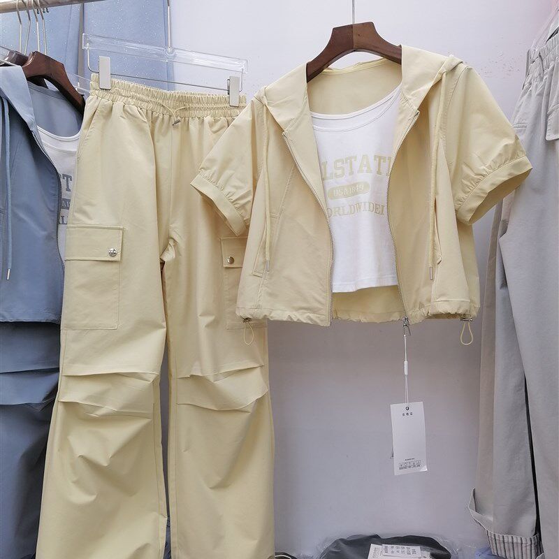 休闲短袖运动服套装女2025夏季新款显瘦短款拉链上衣卫裤两件套潮