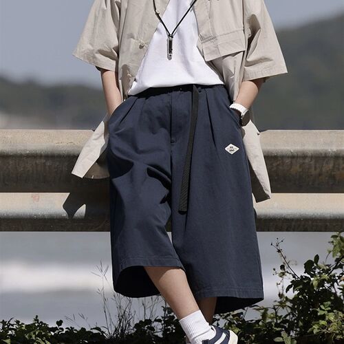 七分裤日系复古男女宽松大码过膝短裤夏薄款纯色休闲7分阔腿中裤