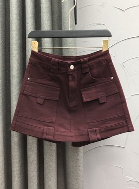 酒红色高腰牛仔短裤裙女2024秋冬时尚洋气假两件A字阔腿半身裙裤
