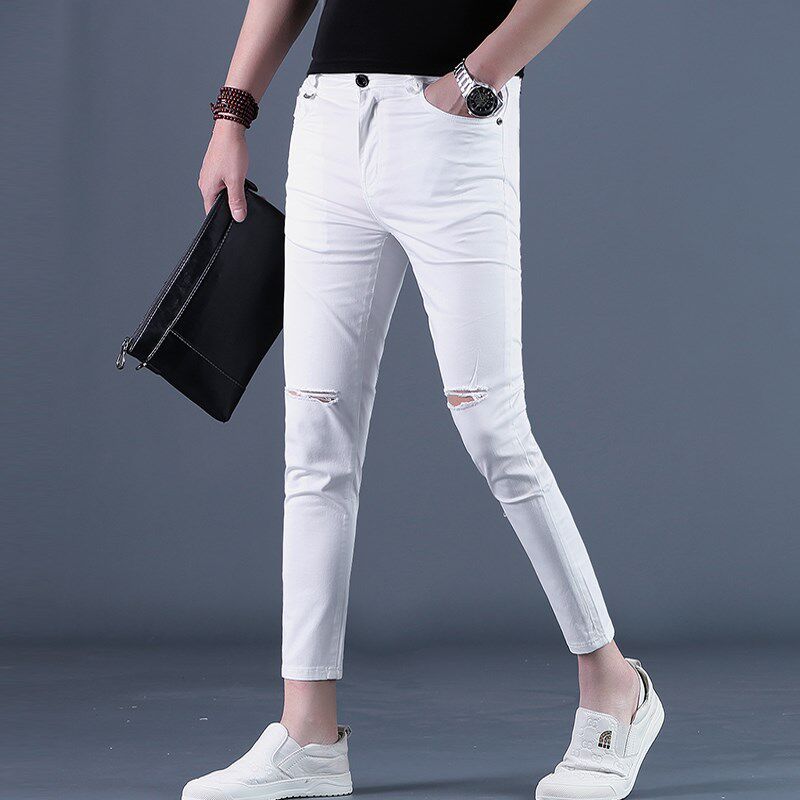 白色裤子男九分裤男士牛仔裤潮牌一字破洞紧身小脚显瘦9分夏季薄