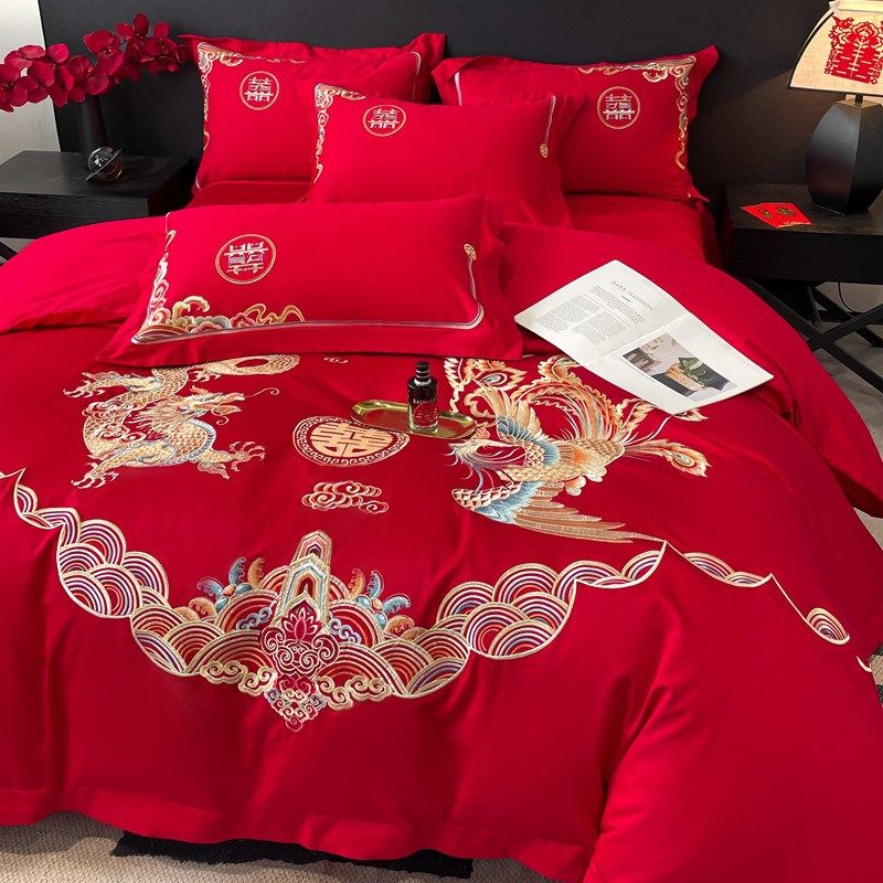 高档中式龙凤刺绣婚庆四件套大红色床单被套婚P嫁喜庆结婚床上用