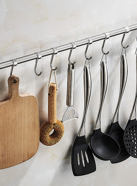 304不锈钢厨房挂钩免打t孔多功能置物架子沥水挂杆钩锅架收纳壁挂