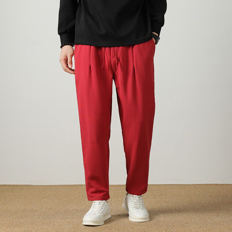 冬季加绒加厚休闲裤中国风棉麻裤男宽松小脚直筒裤保暖哈伦长裤子
